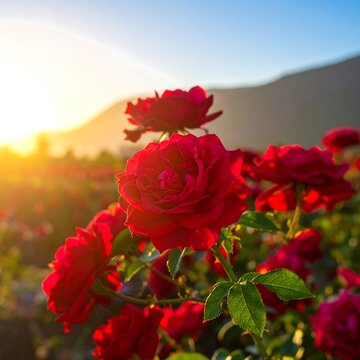 Vibrant red roses bloom in warm golden sunlight with rolling hills background