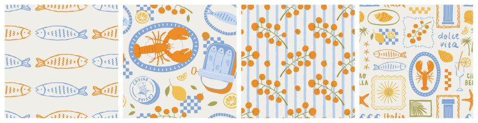 Fototapeta premium Hand drawn summer vacation seamless pattern set. Colorful beach travel background collection with lobster, palm tree and text quote doodle. Sea food wallpaper print texture, trendy surface design.