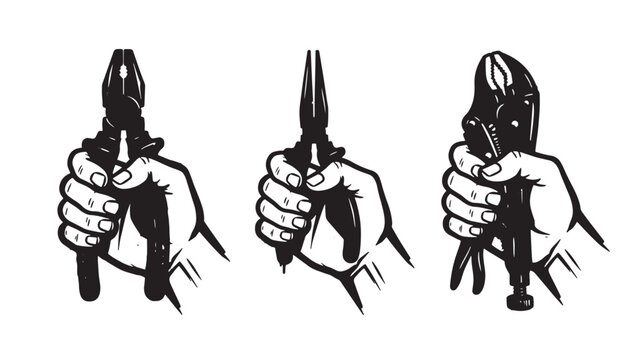 Set of three hand drawn of human hands holding different types of metal pliers, graffiti black and white style tools for construction work