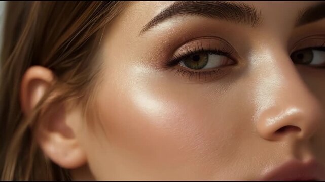 Soft close up portrait of young woman eye eyelid eyebrow skin dewy with natural makeup and green