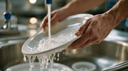 Fototapeta premium Washing Dishes: Close-up shot of hands washing a white plate under running water in a kitchen sink, with suds and water splashing.