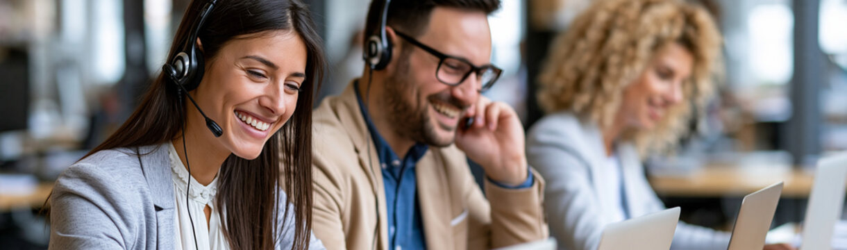 Customer Service Team: Three friendly customer service representatives, wearing headsets and smiling, engage with clients at their workstations. They embody professional communication and helpfulness.