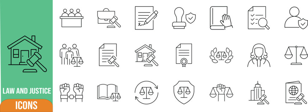 Law and justice outline icons. scales icon set, gavel icon set, document icon set