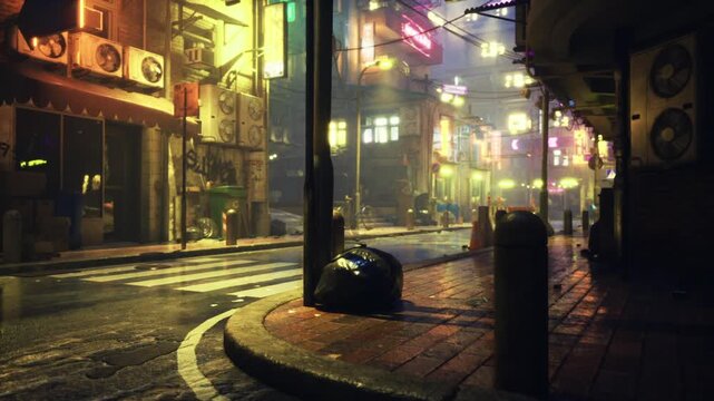 Empty crosswalk at dawn, misty streets with soft glow from storefront windows and distant skyline silhouette, pavement still wet from rain, tranquil cinematic