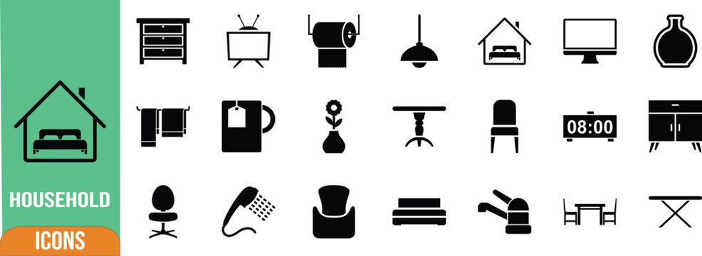 Household items furniture vector set. television icon set, bed icon set, chair icon set