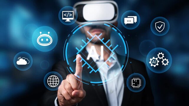 Man using virtual reality headset interacting with artificial intelligence icons in futuristic digital environment, modern technology concept, innovation and connectivity. Entropy.