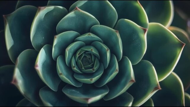 Green succulent rosette close up with layered fleshy leaf texture and subtle red tips, calm plant