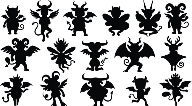 Black silhouette collection of mythical creatures demons imps and winged beasts
