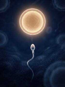 Sperm cell is swimming toward the egg in a 3D render that shows the process of fertilization at a microscopic level.