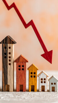 Housing Market Downturn: A stark visual representation of a declining housing market, with miniature houses arranged in descending order and a bold red arrow symbolizing a downward trend.