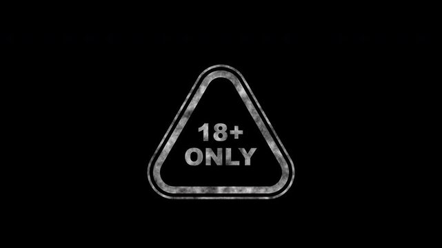 Animated 18 plus only warning triangle with transparent background. Adult content restriction overlay for video editing, broadcasts, motion graphics, and age verification.