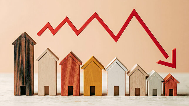 Housing Market Downturn: A visual representation of a declining housing market, with wooden house models arranged in descending order of size and a prominent red arrow indicating a downward trend.