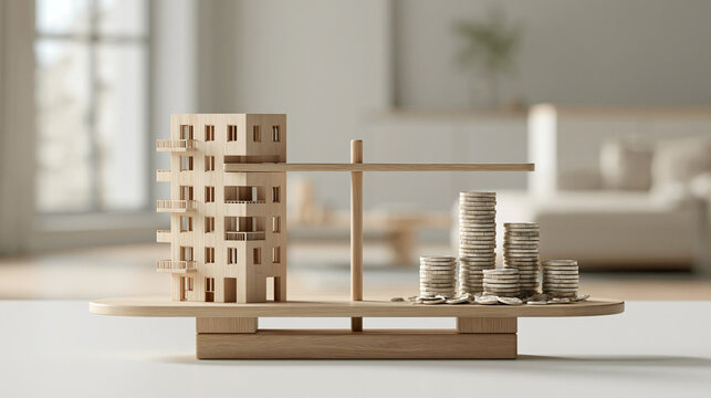 Balance of Investment: A wooden architectural model and stacks of coins are balanced on a scale, symbolizing the delicate equilibrium between property development and financial investment.