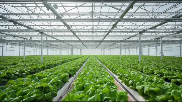 Greenhouse hydroponic lettuce rows bright commercial greenhouse interior creating lush peaceful