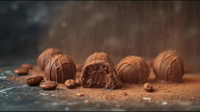 Chocolate truffle dusted with cocoa powder and coffee bean garnish decadent dessert with cocoa
