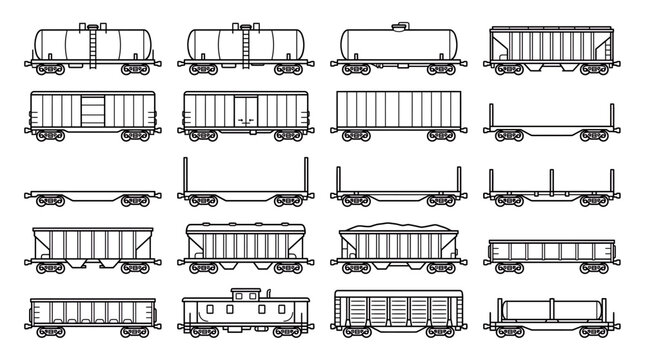 Collection of various railway freight car line art icons including tankers, hoppers and flatbeds on white background, representing global logistics planning and industrial transportation management
