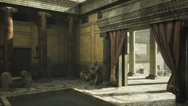 Ornate carved frieze surrounding interior, deep shadow pools, tall pillars and patterned floor, grand doorway opening to light, solemn historic ambience