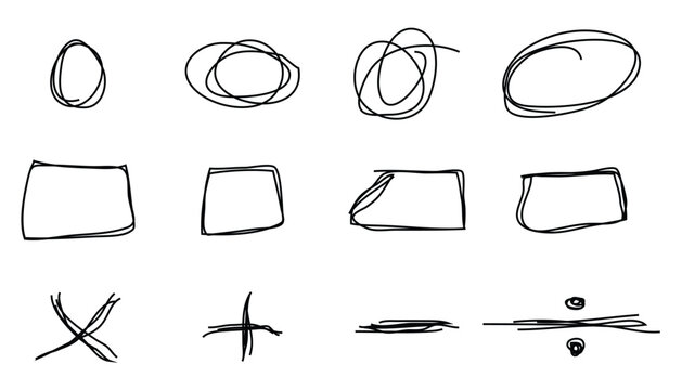 Hand drawn sketchy geometric shapes and mathematical operator symbols collection on transparent checkered background set.