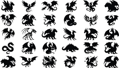 Fototapeta premium Various mythical dragon silhouettes and dark creature poses for gaming stickers and fantasy artwork