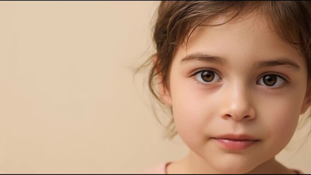 Young child portrait girl face brown eye with soft neutral background gentle expression and warm