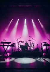 Obraz premium Empty Music Stage with Drum Kit and Keyboards Under Dramatic Pink Spotlights and Fog for Live Concert Performance
