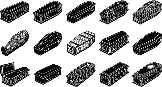 Variety of coffins and caskets illustration funeral arrangements and burial options