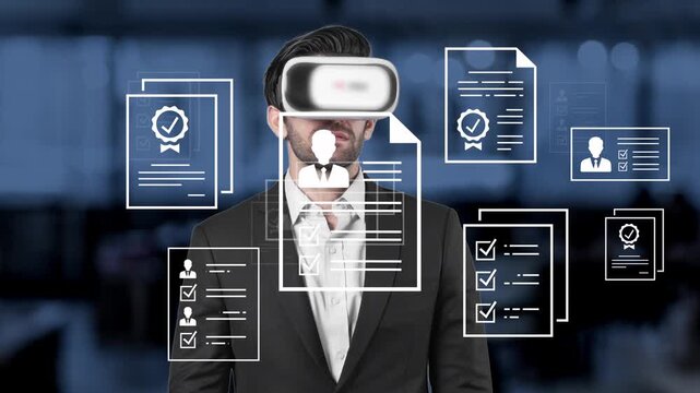 Business Professional in Virtual Reality Goggles with Animated Documents and Profiles in Modern Office Environment. Entropy.