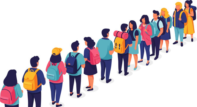 Diverse group of people with backpacks standing in a long diagonal queue line