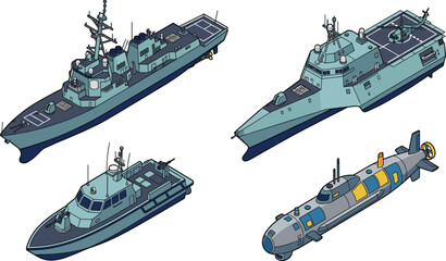 Isometric collection of modern naval military vessels including warships, patrol boats, and a tactical submarine © Mdjoshelahamed4400 