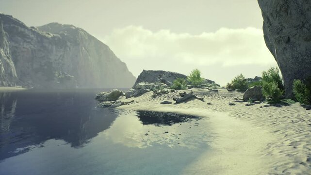 Isolated rock island amid calm fjord, ecologist observing nesting habitat and tidal pools, rugged formation offering refuge for birds and marine life.