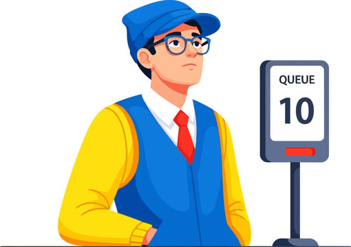Man wearing blue cap and glasses waiting next to queue number sign