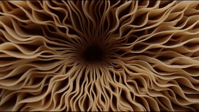 Delicate radial mushroom gill close up fungus texture warm beige organic symmetry