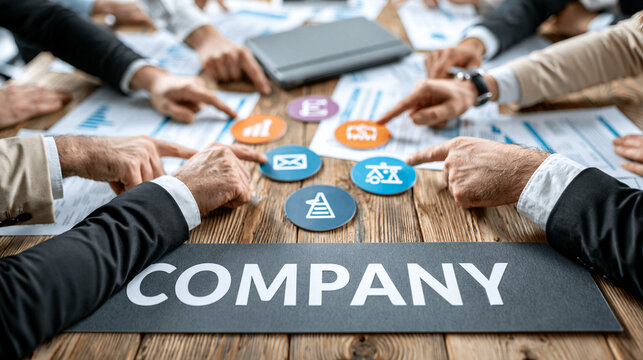 Company Strategy Meeting: A close-up view of hands pointing to colorful icons and charts on a wooden table, centered around a dark slate with the word COMPANY.