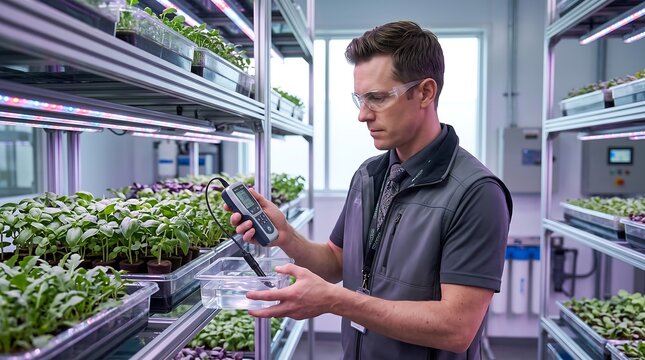 Scientist testing water quality in modern hydroponic vertical farm