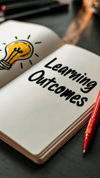 Learning Outcomes and Idea Bulb: An open notebook displays the words Learning Outcomes alongside a hand-drawn light bulb, symbolizing inspiration and knowledge acquisition.