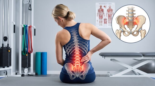 Woman suffering from sacroiliac joint pelvis pain medical concept