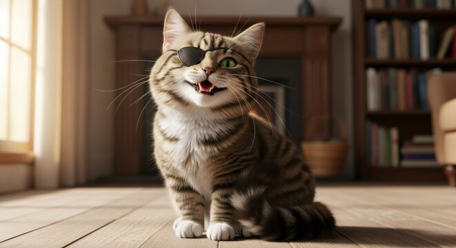 Tabby cat with eye patch sitting on floor. Veterinary medicine concept of animal recovery and post operation rehabilitation. Pet health care after surgery in cozy home environment.