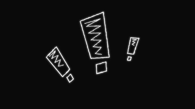 Animated white hand drawn surprise exclamation marks on black background