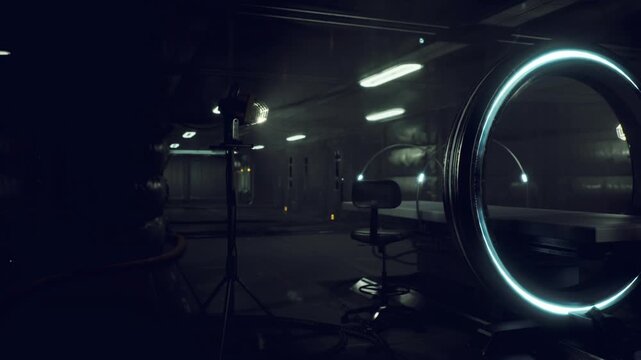 Film set lighting setup inside space station, rigged spotlights and ring prop create cinematic palette, equipment and stands left in place suggest behind scenes