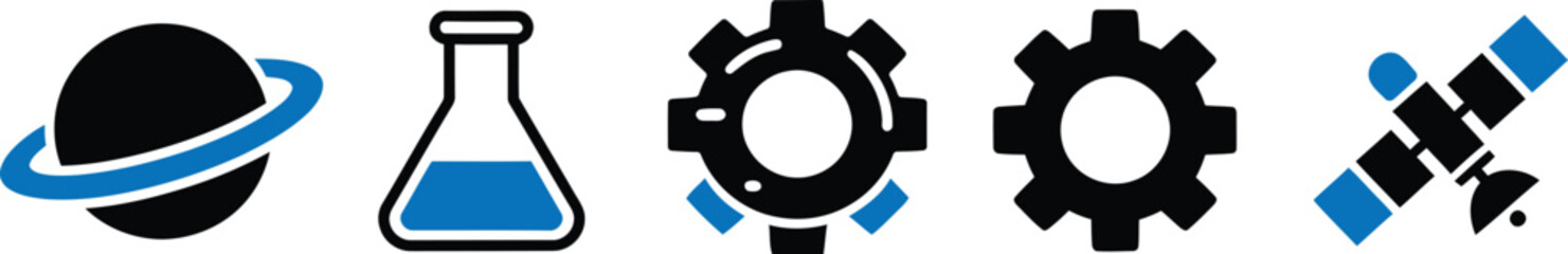 Science technology and space engineering icon set for laboratory research and industry innovation isolated on transparent background © MDRAJU
