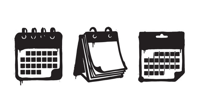 Three graffiti black and white hand drawn calendar with ink drip effects on a white background, artistic of wall planners and organizers for business use