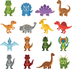 Vector illustration bundle of sixteen cute prehistoric dinosaur characters. Featuring Tyrannosaurus Rex (T-Rex), Triceratops, Stegosaurus, Brachiosaurus, Velociraptor, Ankylosaurus, Parasaurolophus © Adi