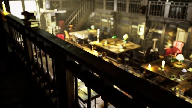 Soft candlelit wooden balcony above reading tables, intimate warm glow and antique decor create romantic nostalgic mood for quiet evening study