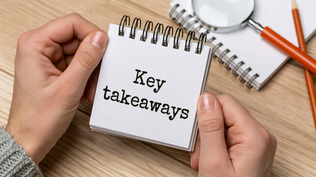 Key Takeaways: A close-up shot shows a person holding a notepad with Key takeaways written on it, surrounded by a magnifying glass and pencil, suggesting analysis and learning.