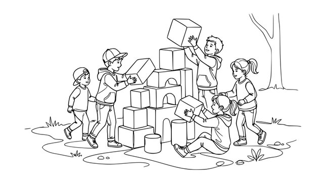 Children Building Castle with Blocks Outdoors
