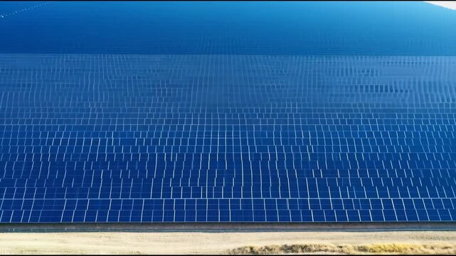 Blue solar panel array reflecting sky with repeating grid pattern and serene light large solar farm