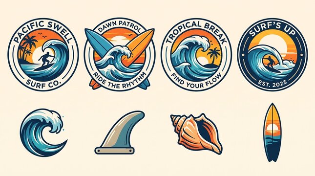 Vintage surfing emblems with ocean waves and sunset