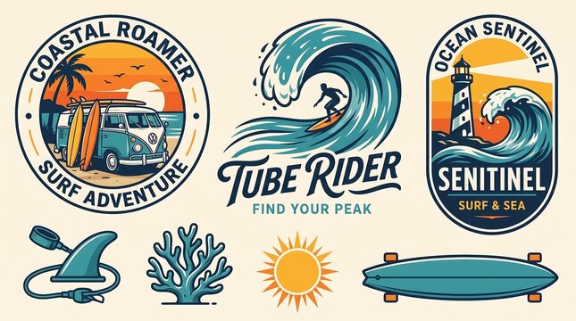Retro surf adventure logo badges with camper van and waves