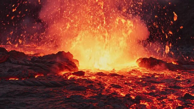 Eruption of volcano spews lava and ash into dark night sky with fiery molten rocks flowing