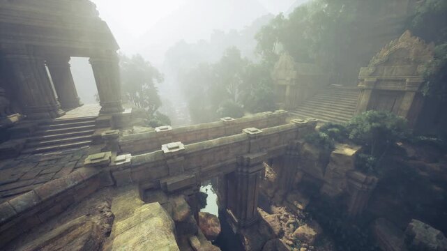 Fog filled canyon with ancient crossing, delicate light sculpts stone, silent water mirrors sky, cracked roadway leads toward carved portals, evokes mystery